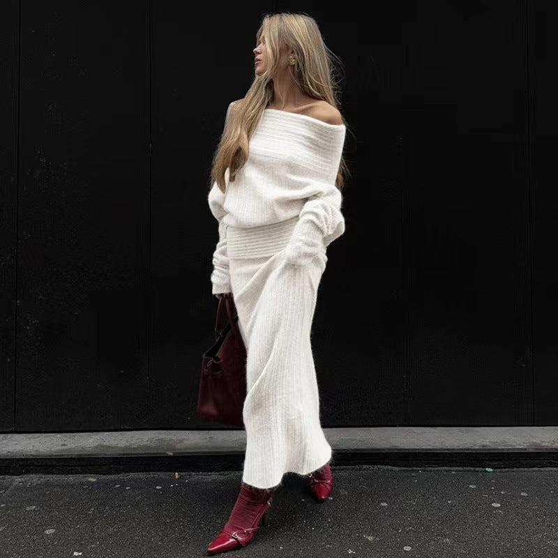 Modisches Zweiteiler-Set – Strick-Off-Shoulder-Oberteil & Rock